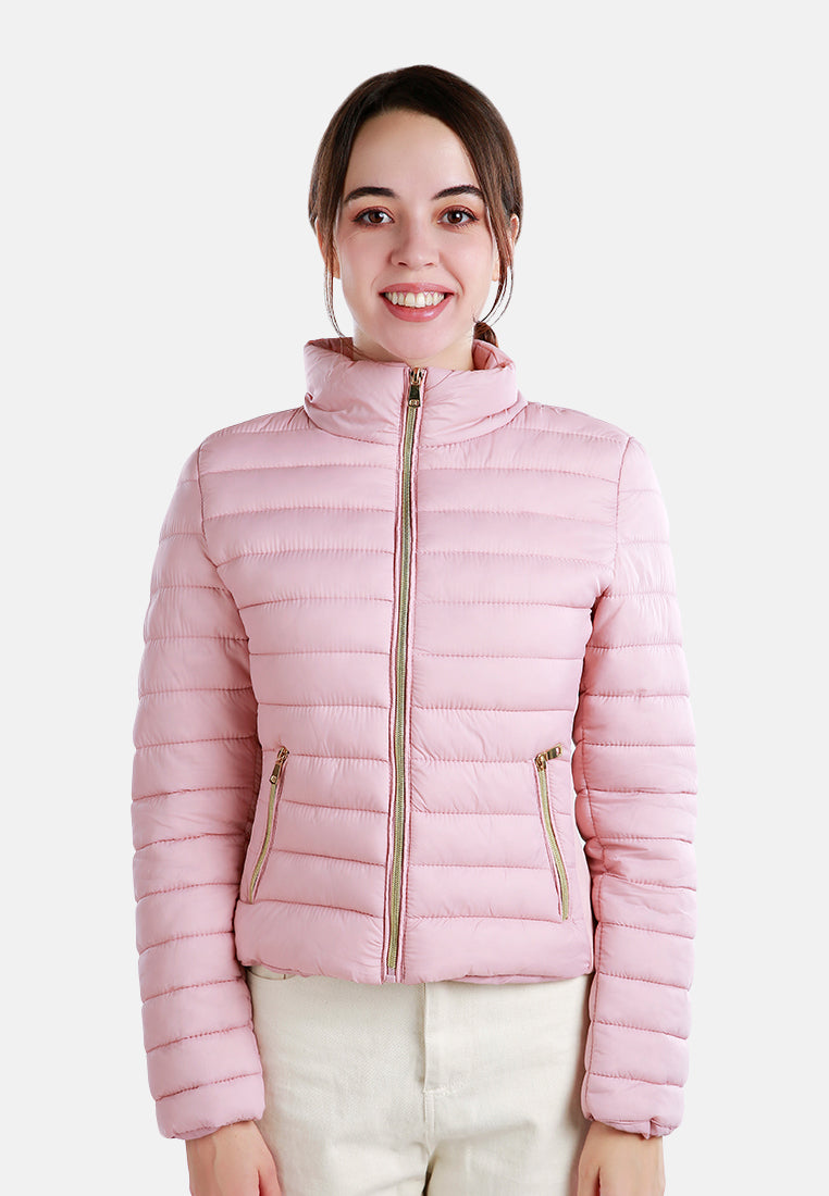 high collar quilted jacket#color_pink