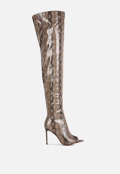 high drama snake print stiletto long boots#color_black