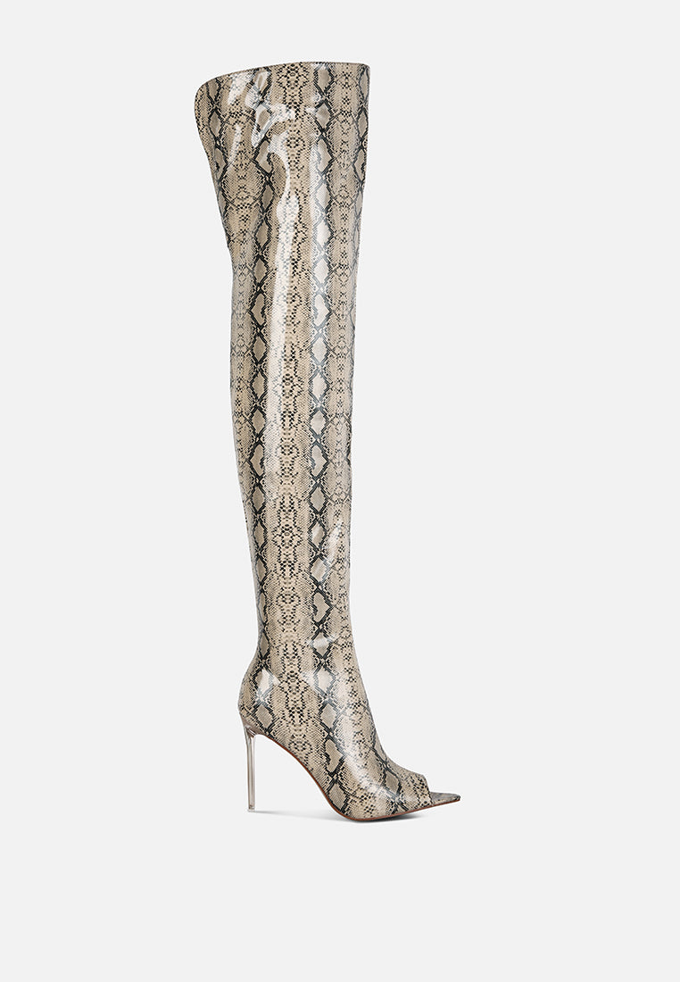high drama snake print stiletto long boots#color_nude