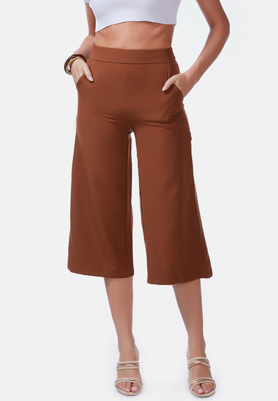 high rise cropped culottes trousers#color_brown