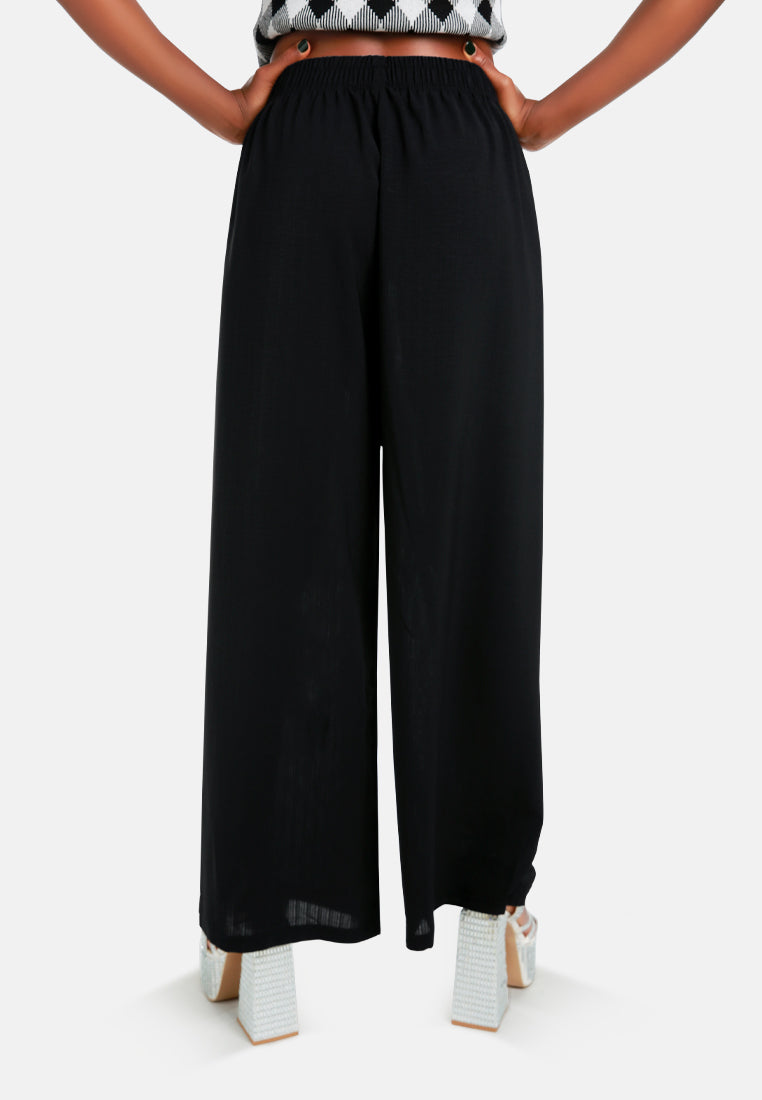 high waisted solid wide trouser pants#color_black