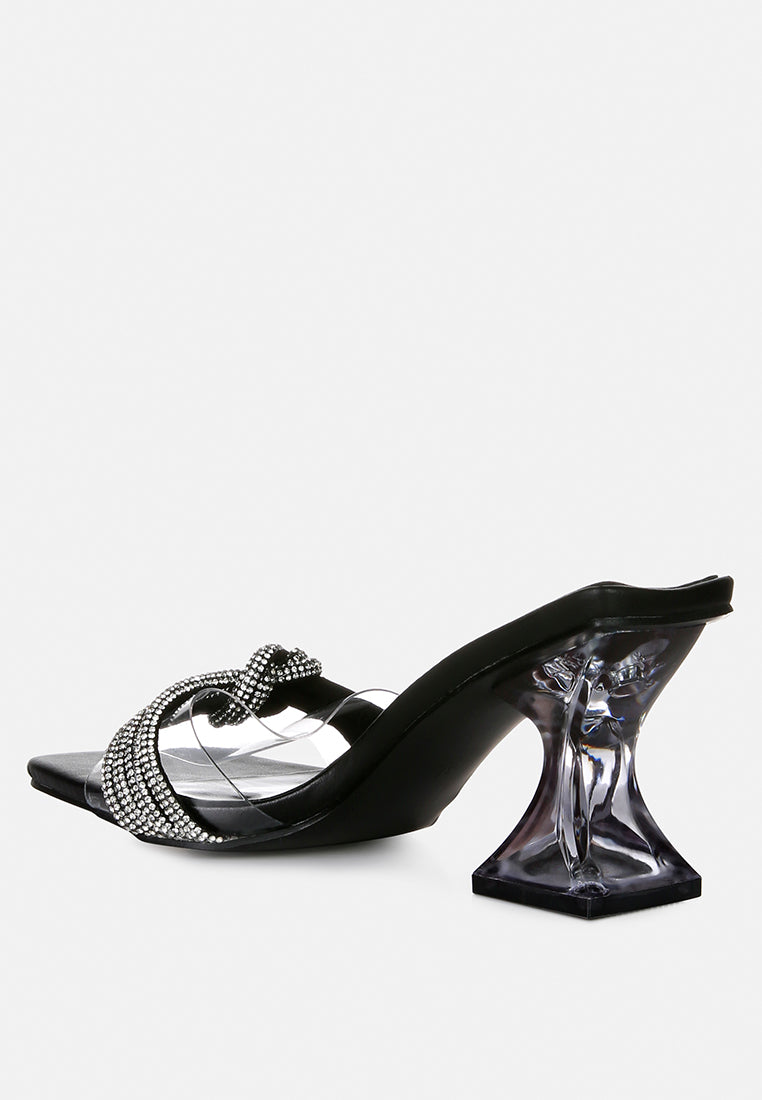 hiorda knotted rhinestone embellished spool heel sandals#color_black