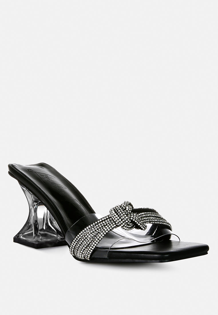 hiorda knotted rhinestone embellished spool heel sandals#color_black