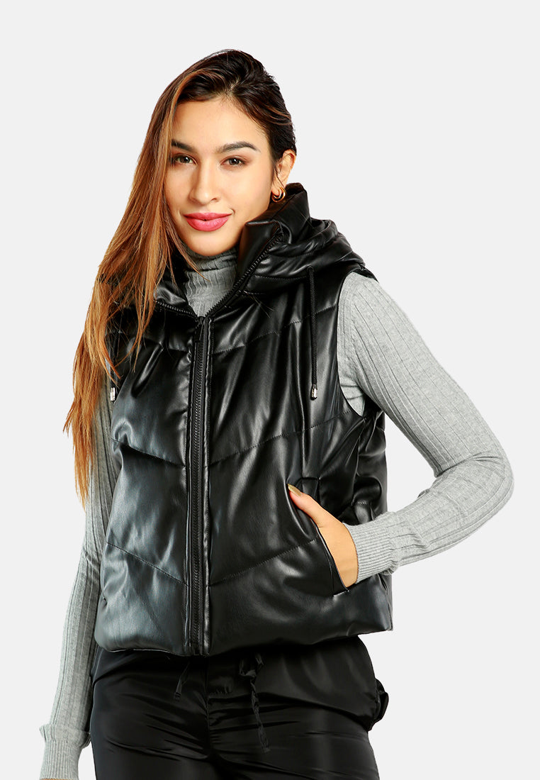 hooded sleeveless puffer jacket in black#color_black