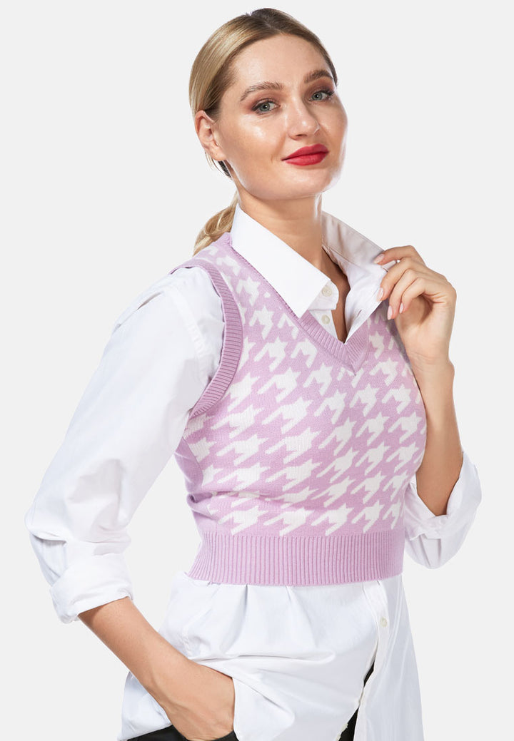 houndstooth knitted vest top#color_lavender-white