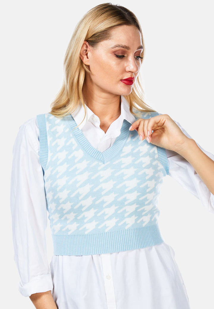 houndstooth knitted vest top#color_blue-white