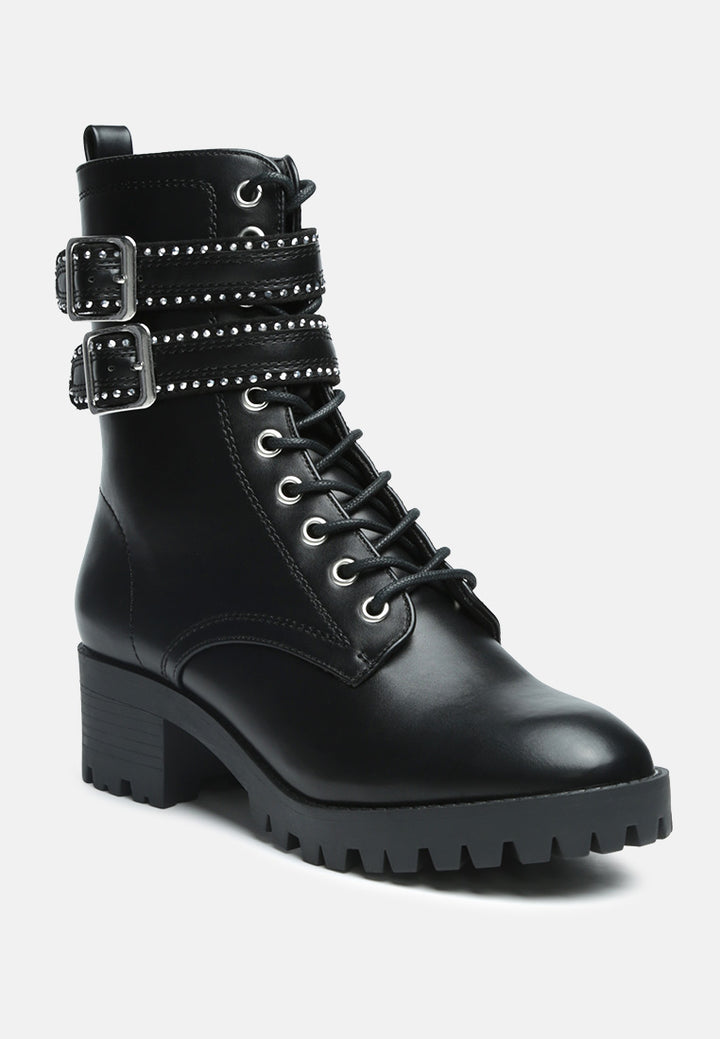 hudson solid tone combat studded high ankle boots#color_black