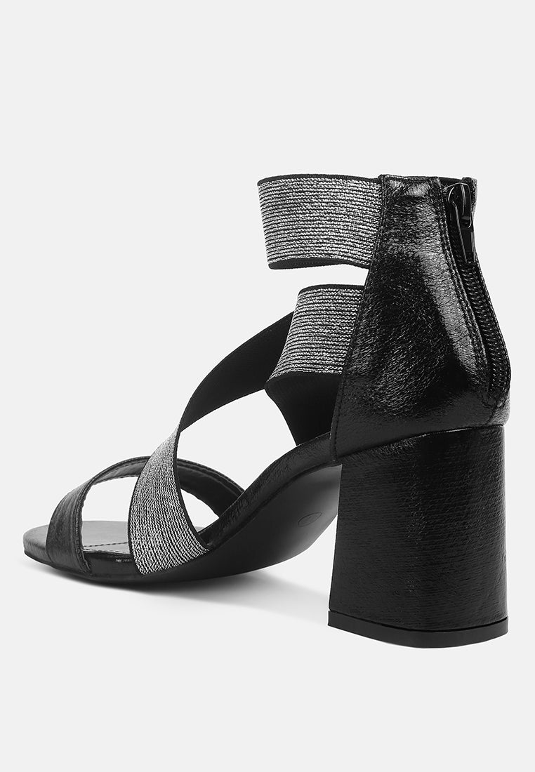 huskies metallic faux leather block heel sandals#color_black