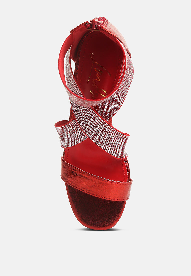 huskies metallic faux leather block heel sandals#color_red