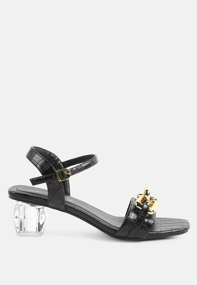 icicle clear low heel chain sandals#color_black