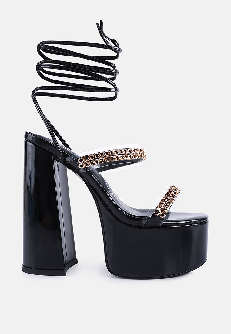 indulgence metal chain lace up chunky sandals#color_black