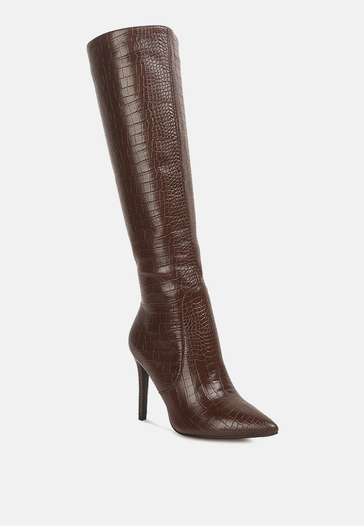 indulgent high heel croc calf boots#color_dark-brown
