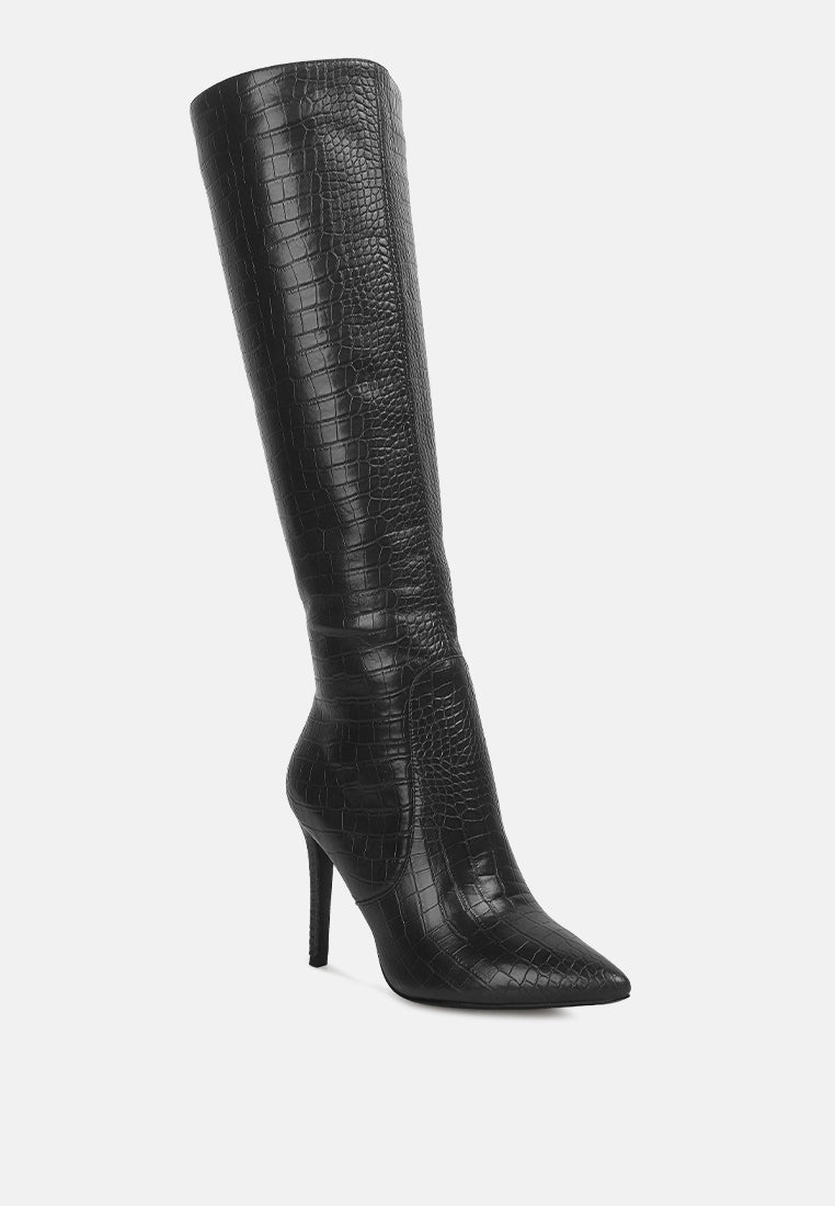indulgent high heeled croc calf boots#color_black