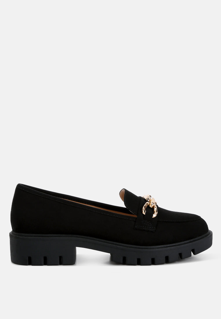 jacop micro suede metal chain link loafers#color_black