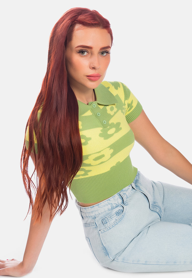 knitted floral striped crop polo tee#color_green