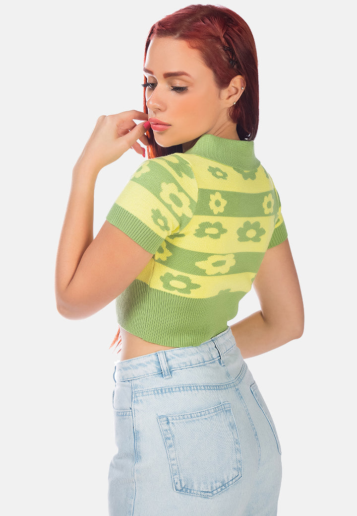 knitted floral striped crop polo tee#color_green