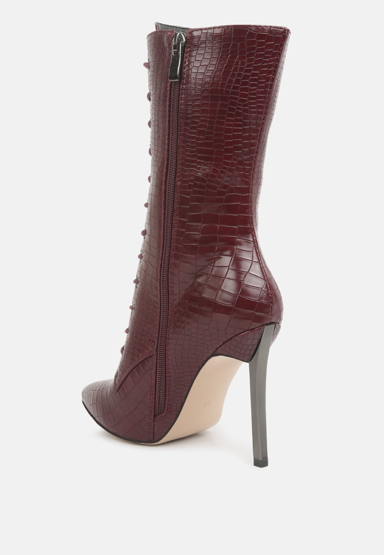 croc textured over the ankle boots by ruw#color_burgundy