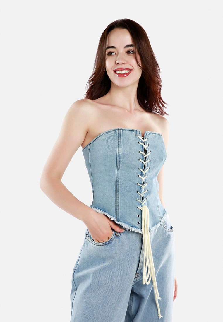 lace up denim corset top by ruw#color_light-blue