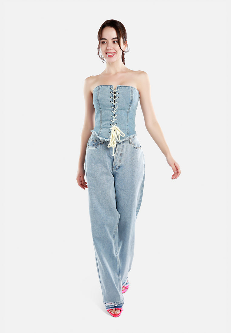 lace up denim corset top by ruw#color_light-blue