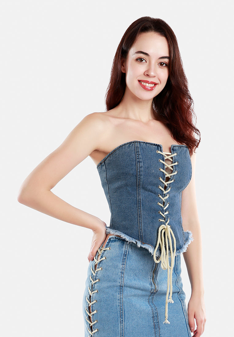 lace up denim corset top by ruw#color_jeans-blue