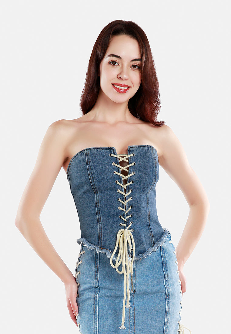 lace up denim corset top by ruw#color_jeans-blue