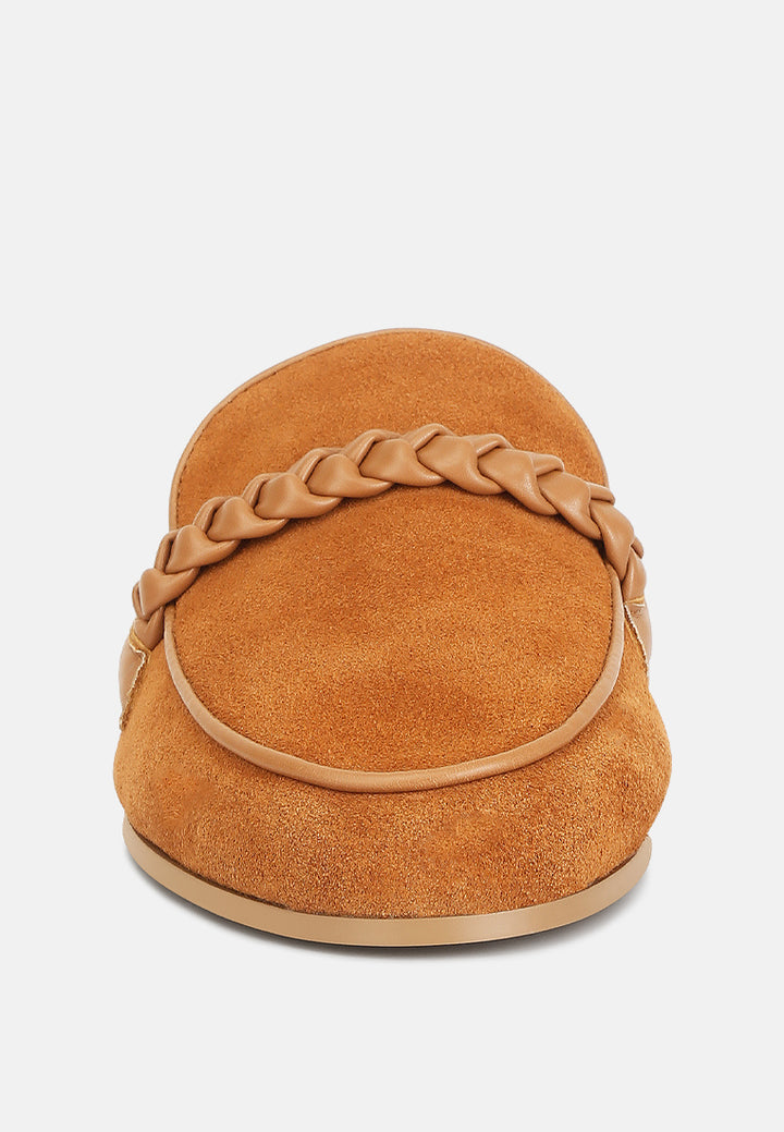 lavinia suede leather braided detail mules#color_tan