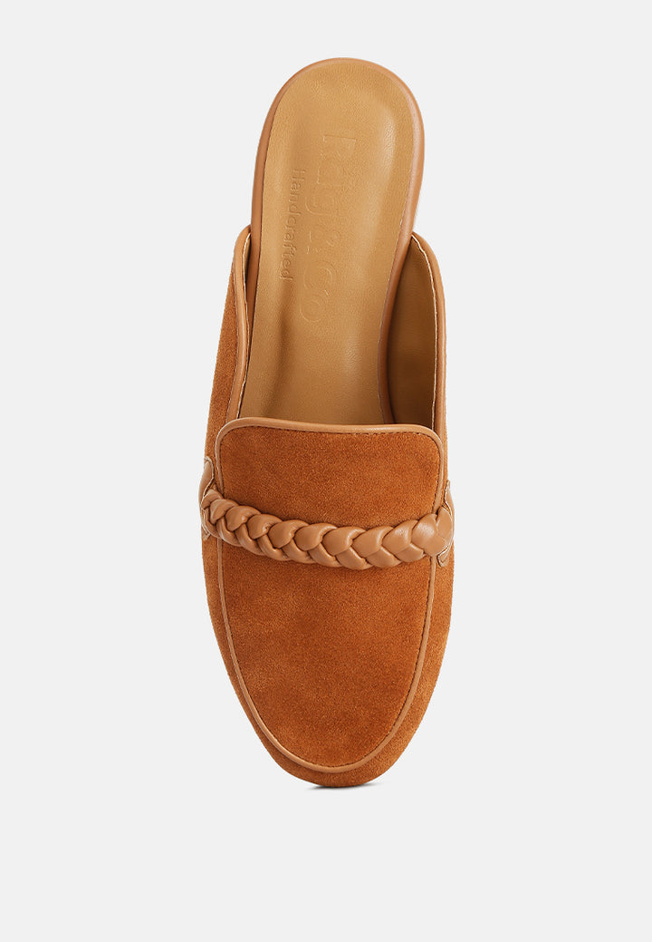 lavinia suede leather braided detail mules#color_tan