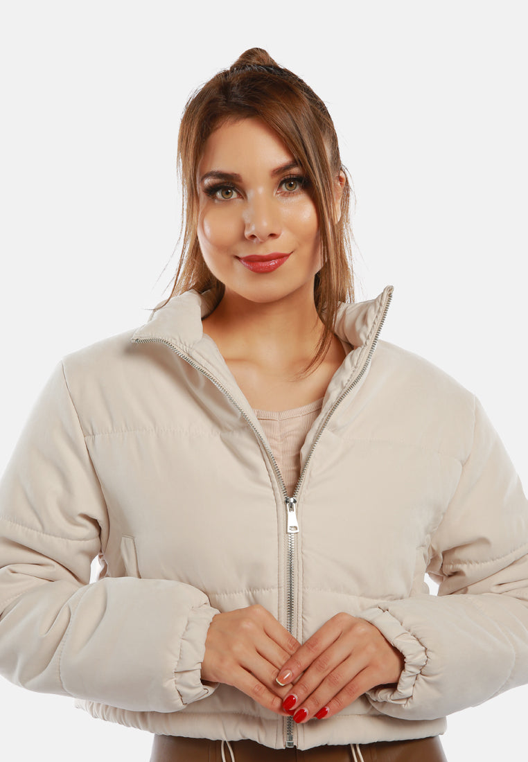 long sleeves puffer drawstring jacket#color_cream