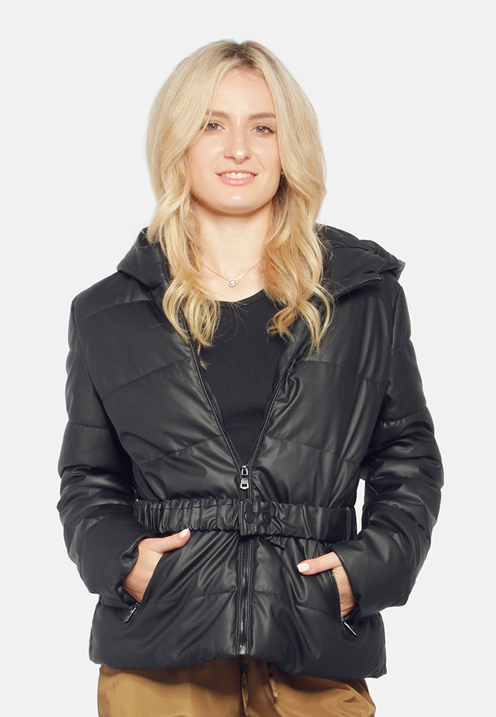 long sleeved hooded puffer jacket#color_black
