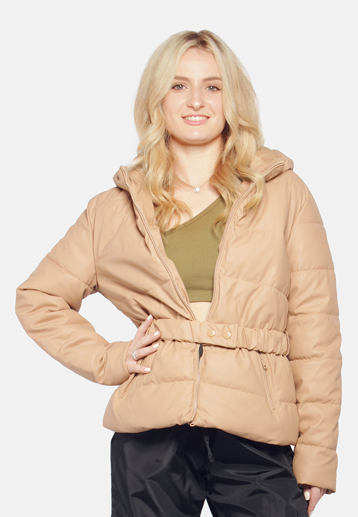 long sleeved hooded puffer jacket#color_taupe