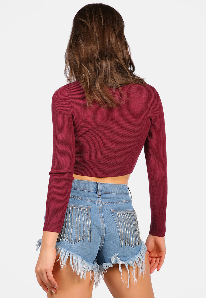 long sleeve drawstring ruched top#color_burgundy