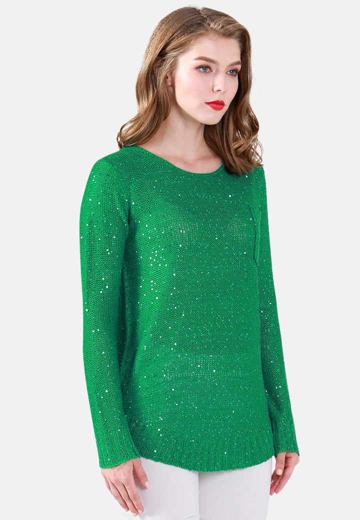 long sleeve sequin knit sweater#color_green