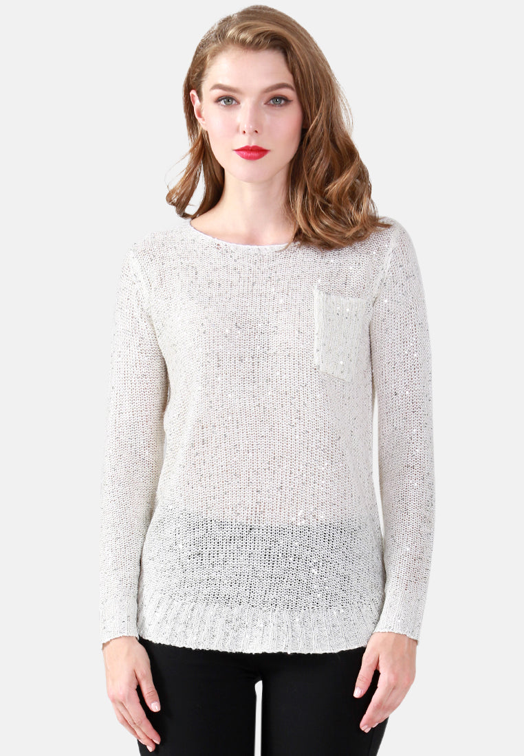 long sleeve sequin knit sweater#color_off-white