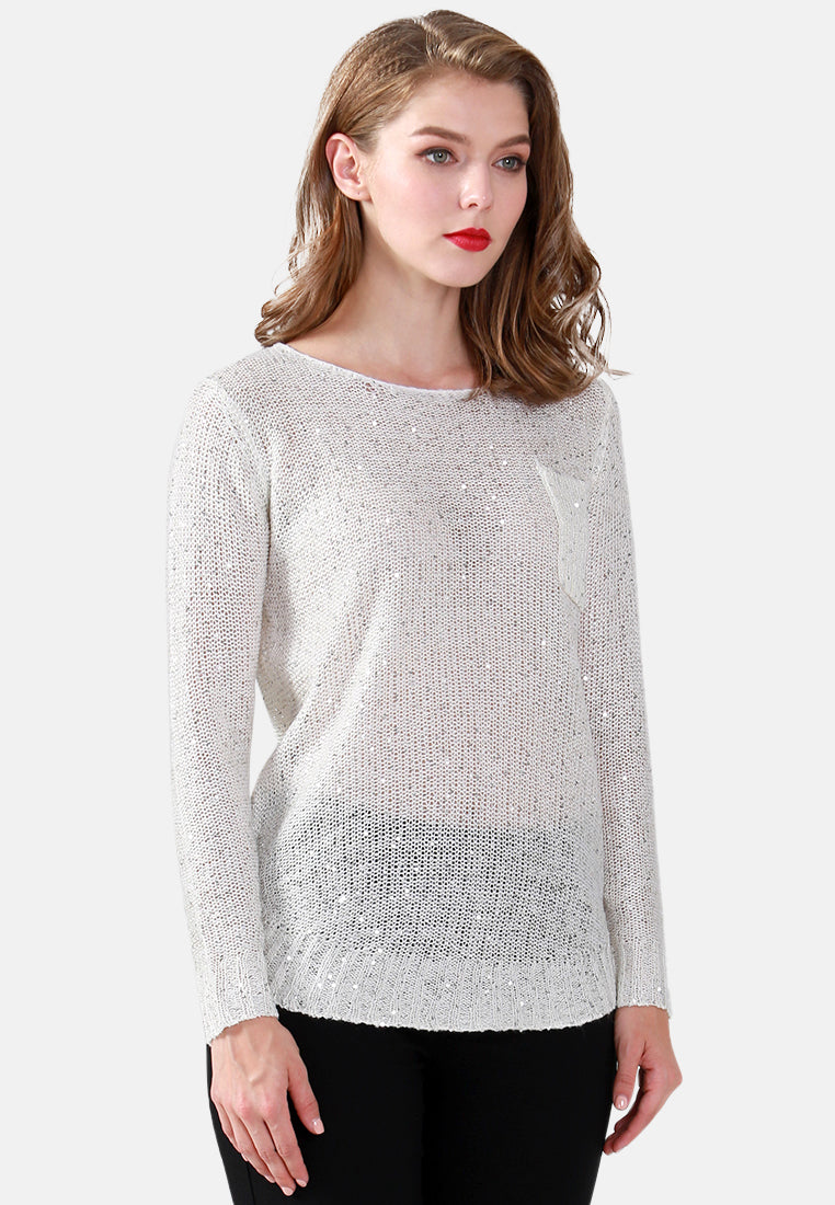 long sleeve sequin knit sweater#color_off-white