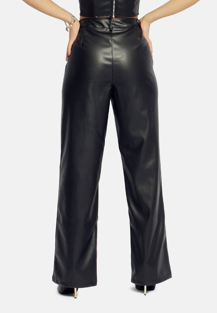 low waist faux leather flare pants#color_black