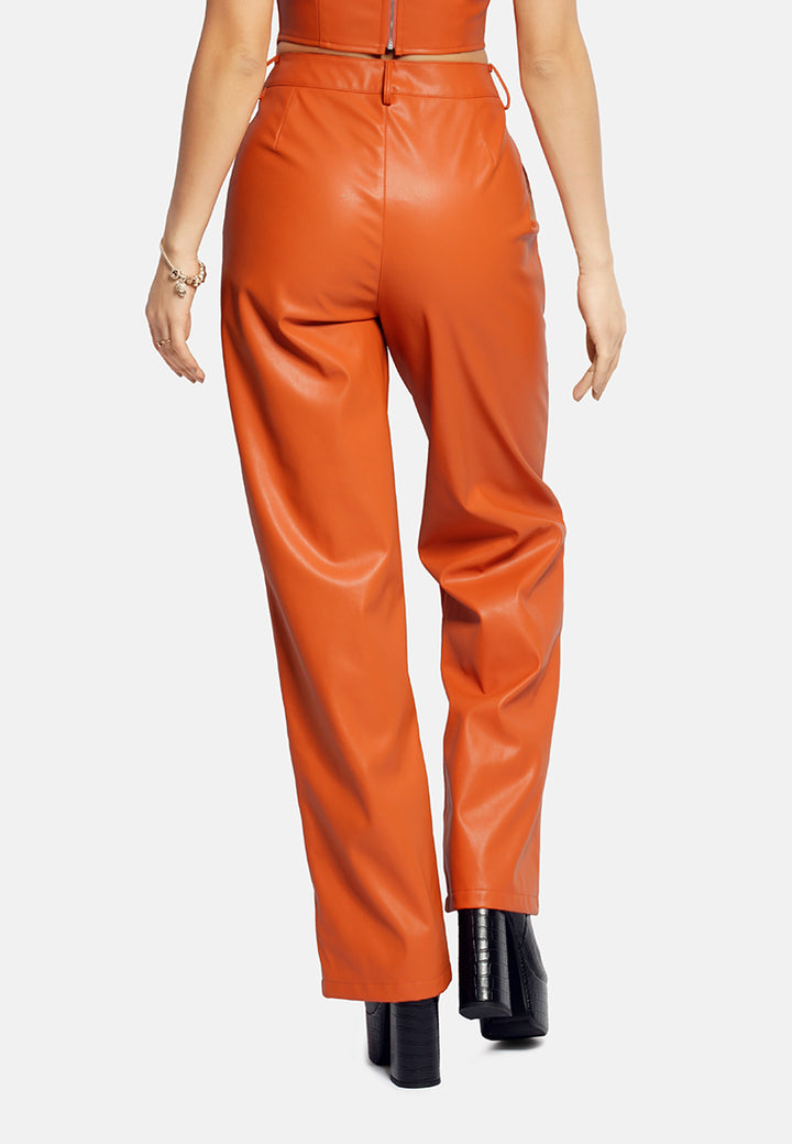 low waist faux leather flare pants#color_orange