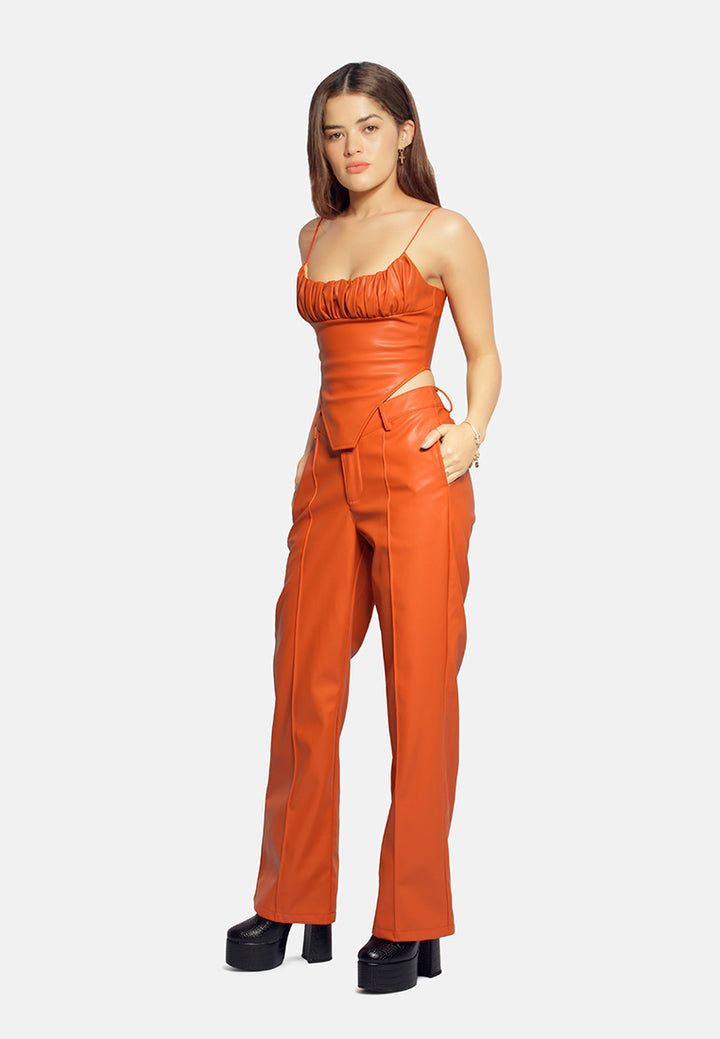 low waist faux leather flare pants#color_orange