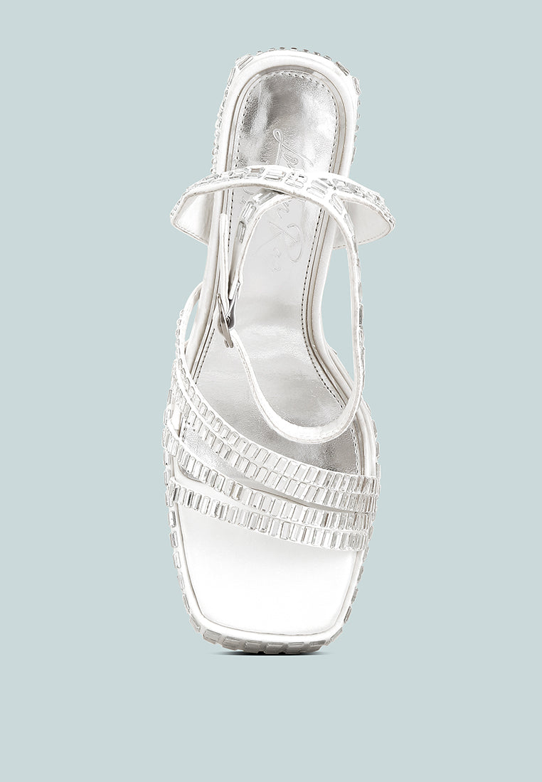 lustrous mirror embellished flare block heel sandals#color_white