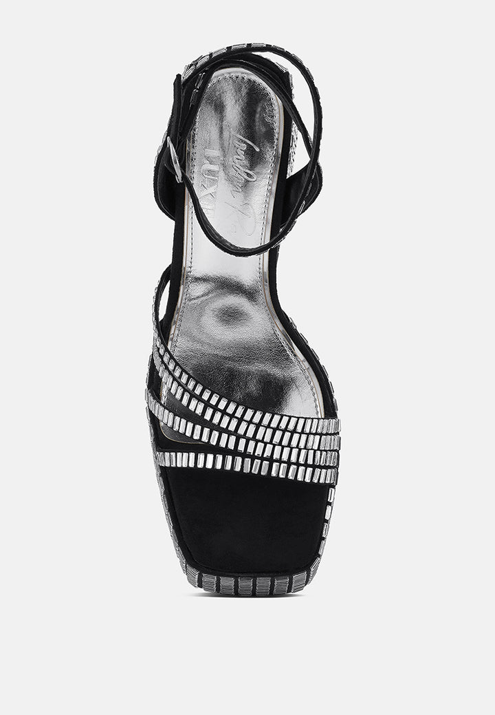 lustrous mirror embellished flare block heel sandals#color_black