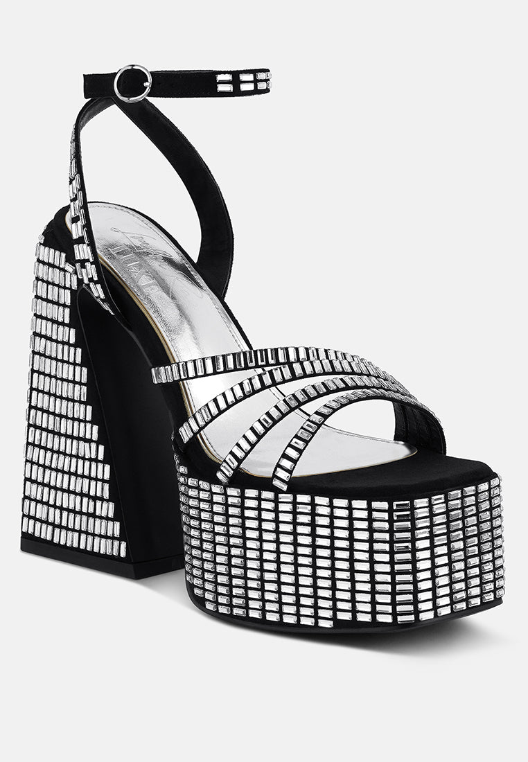 lustrous mirror embellished flare block heel sandals#color_black