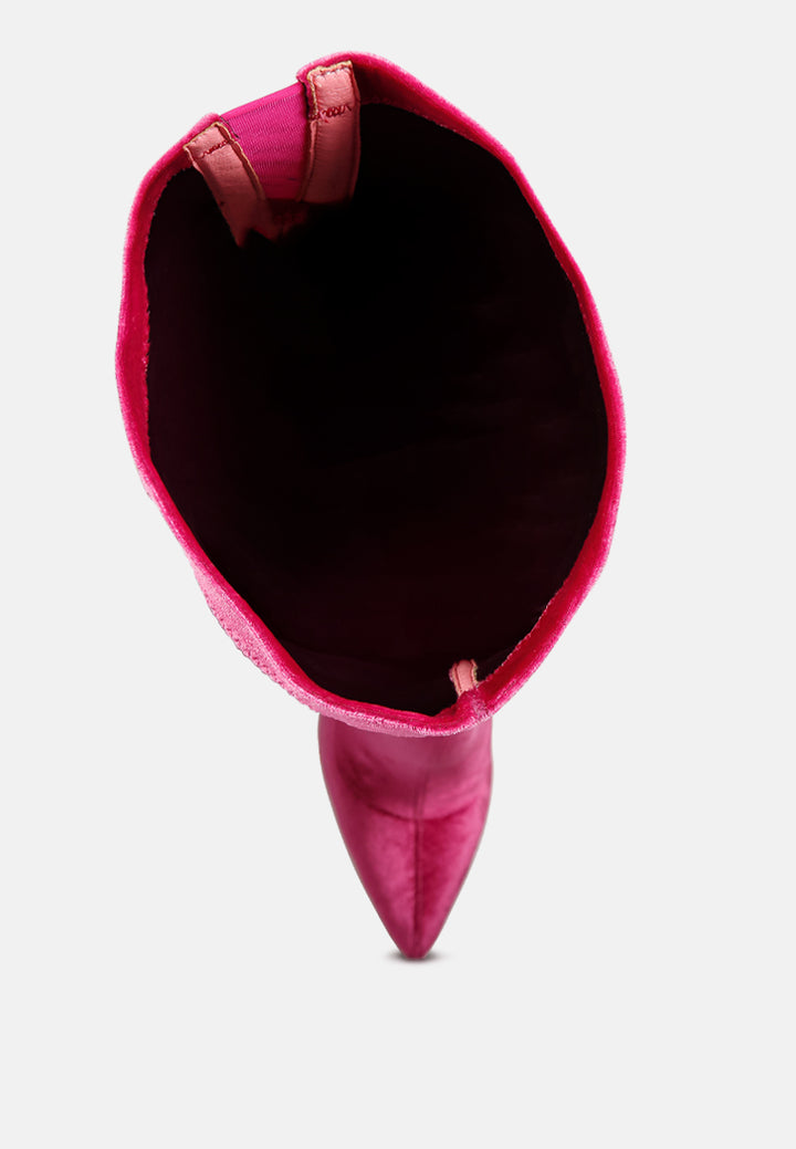 madmam stretch high heel velvet boot#color_fuchsia