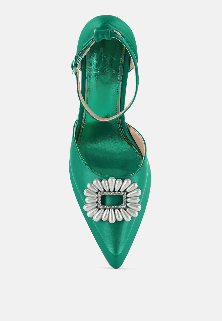 maeissa pearls brooch detail platform block heel sandals#color_green