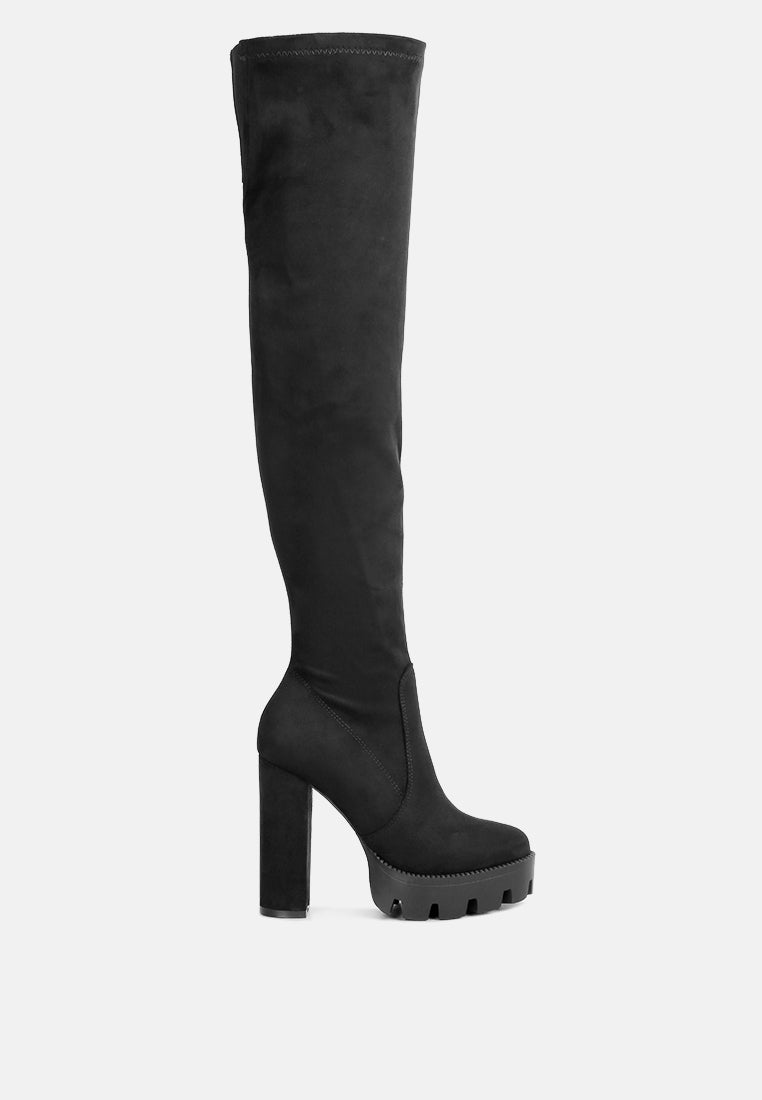 maple high block heeled faux suede long boots#color_black