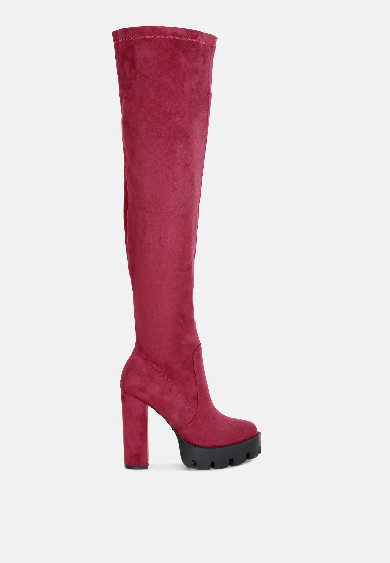 maple high block heeled faux suede long boots#color_burgundy
