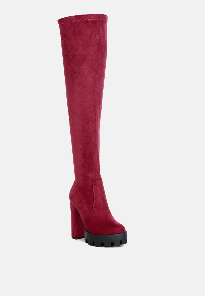 maple high block heeled faux suede long boots#color_burgundy