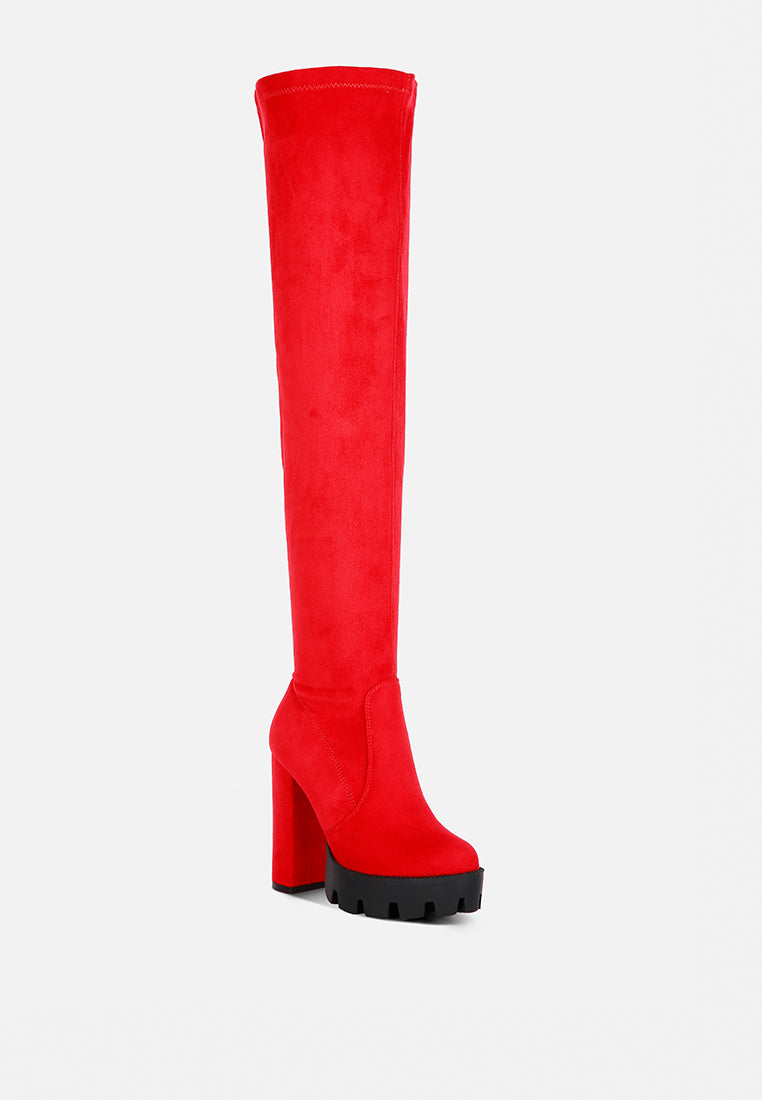 maple high block heeled faux suede long boots#color_red
