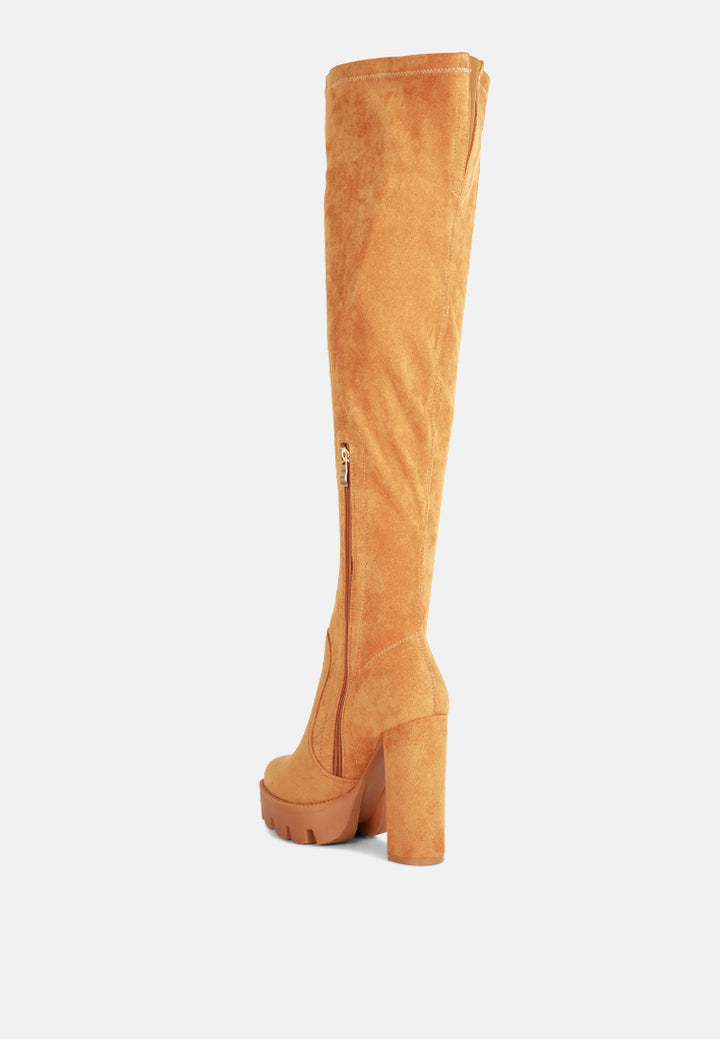 maple high block heeled faux suede long boots#color_tan