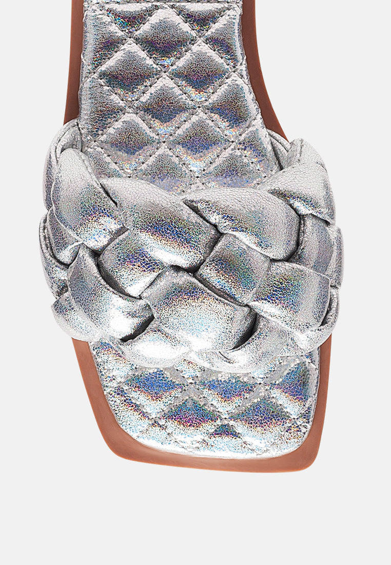 marcue patent pu quilted slides in woven straps#color_silver