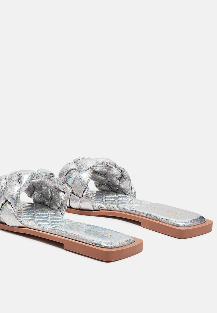marcue patent pu quilted slides in woven straps#color_silver