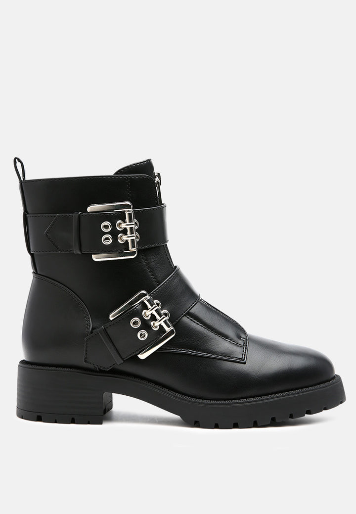 maud zipper buckle high ankle boots#color_black